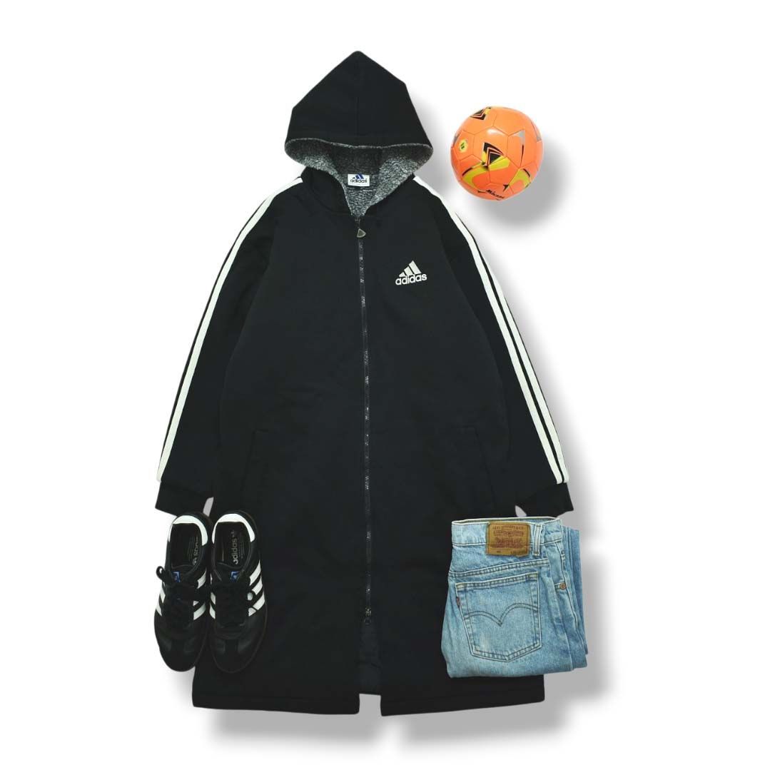 デサント期 90 s ヴィンテージ アディダス adidas ベンチ コート パーカー ジップアップ ジャージ 裏地 中綿 キルティング x ボア フリース L O ブラック メンズ