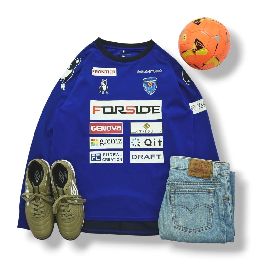 クラウディオ パンディアーニ claudio pandiani 横浜FC プルオーバー ジャージ ピステ フルスポンサー ラグランスリーブ M ブルー サッカー フットボール スポーツ メンズ
