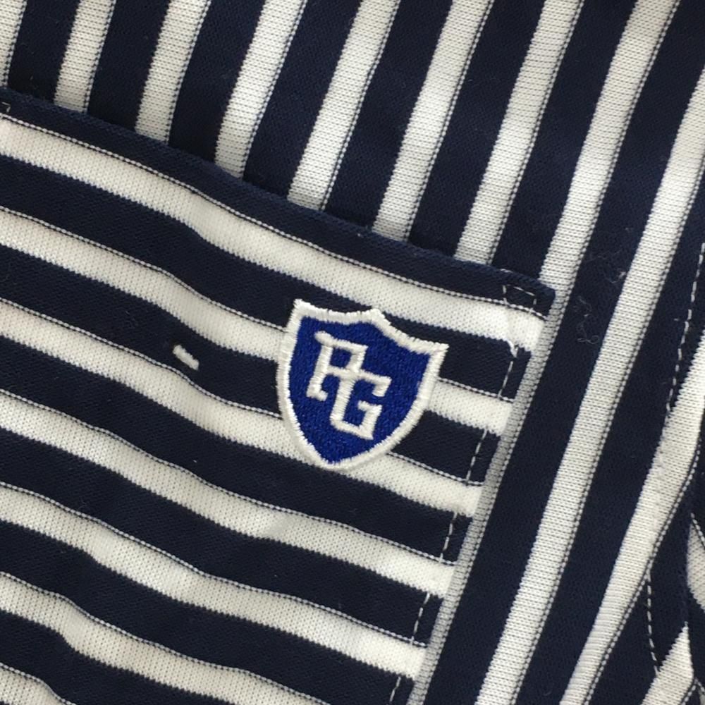 美品】パーリーゲイツ 長袖ポロシャツ ネイビー×白 ストライプ ボタン