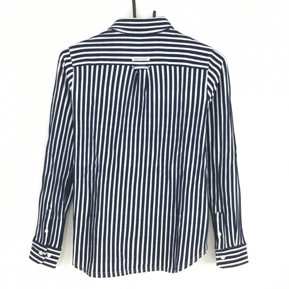 美品】パーリーゲイツ 長袖ポロシャツ ネイビー×白 ストライプ ボタン