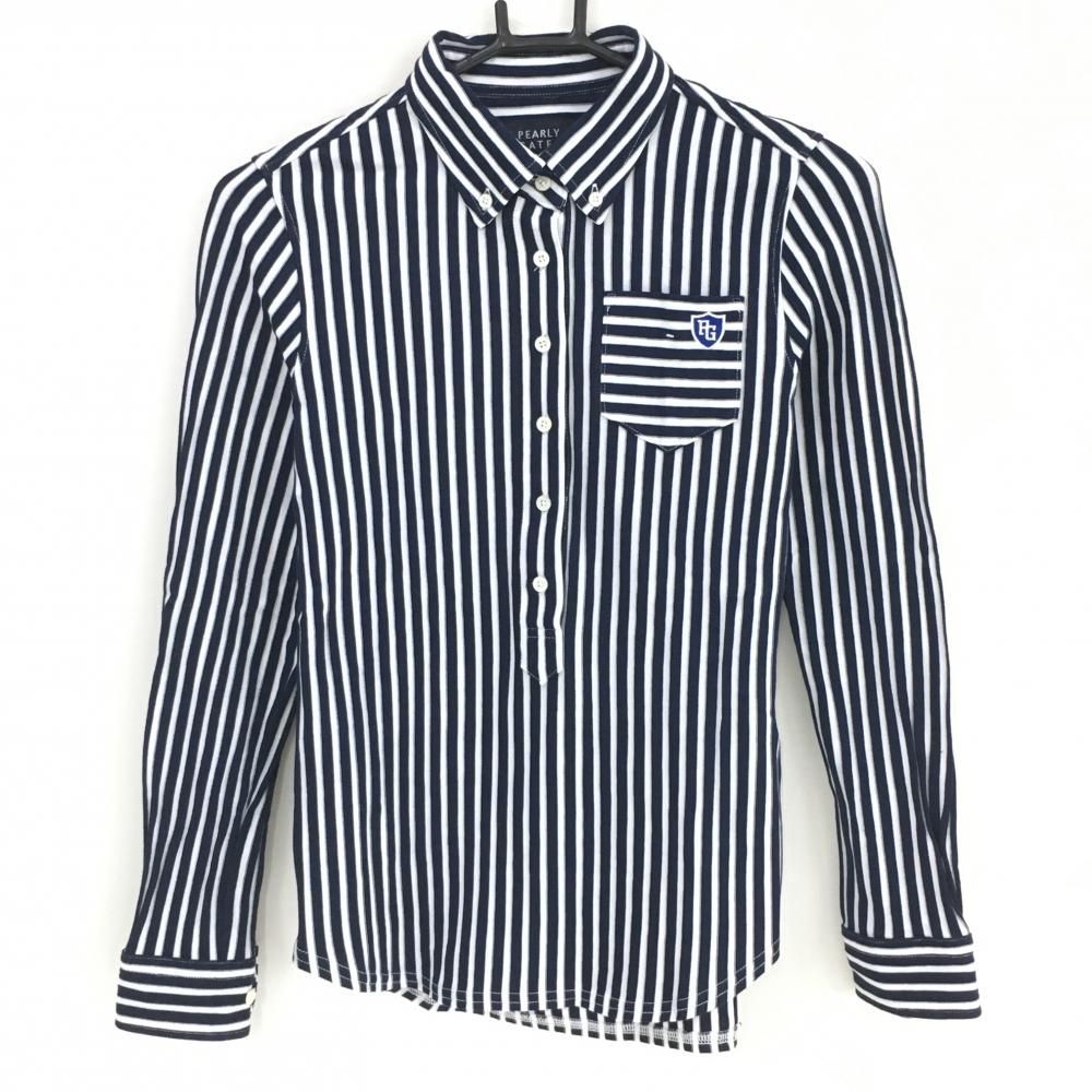 美品】パーリーゲイツ 長袖ポロシャツ ネイビー×白 ストライプ ボタン