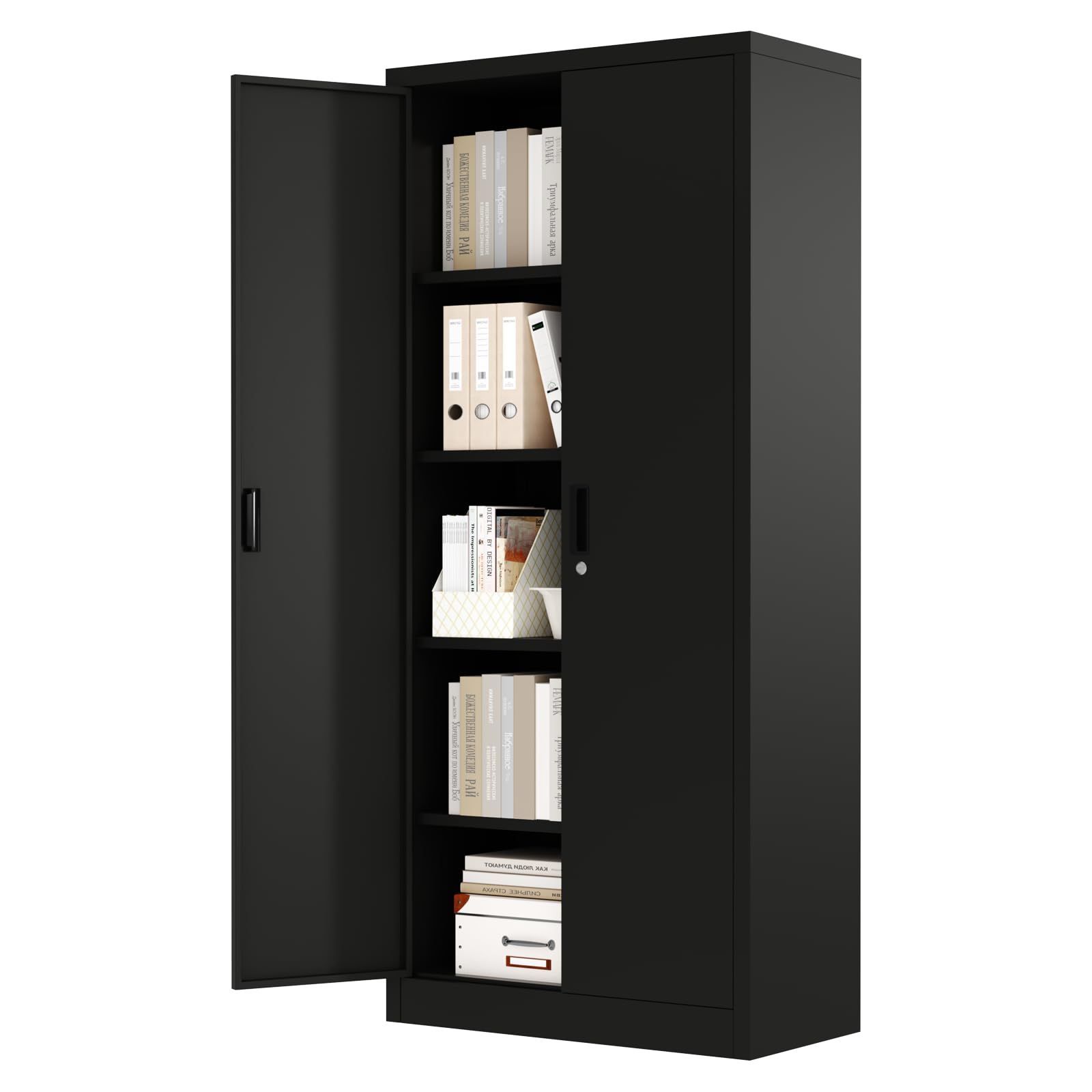 GarveeLife スチール製本棚 鍵付き 5 段式両開きスチール製収納キャビネット ファイルキャビネット 可動棚 オフィス 自宅 倉庫 学校に最適 ブラック＆ホワイト