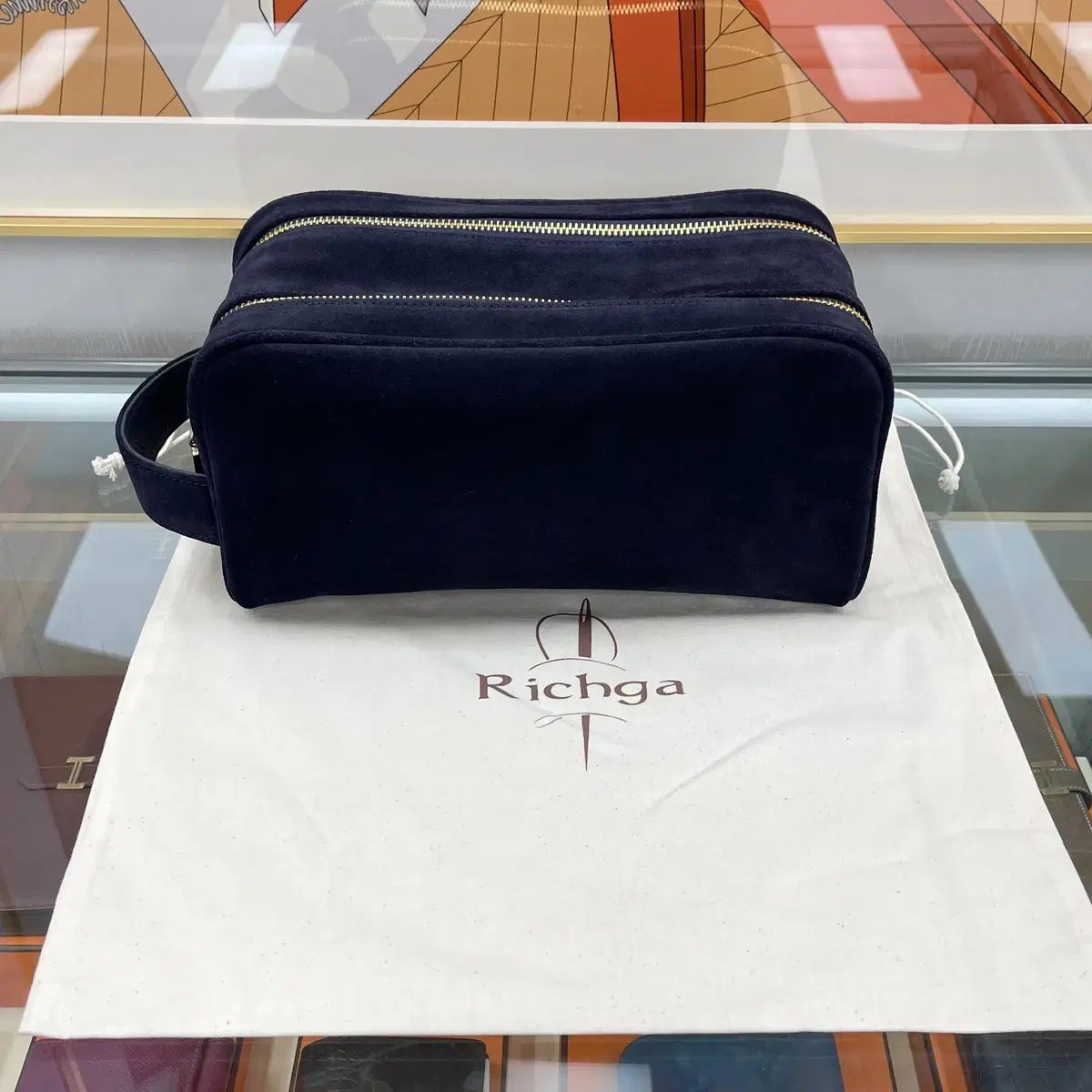 Richga ツーウェイ ジップ ゴルフポーチ バッグ スウェード ネイビー GOLDジッパー