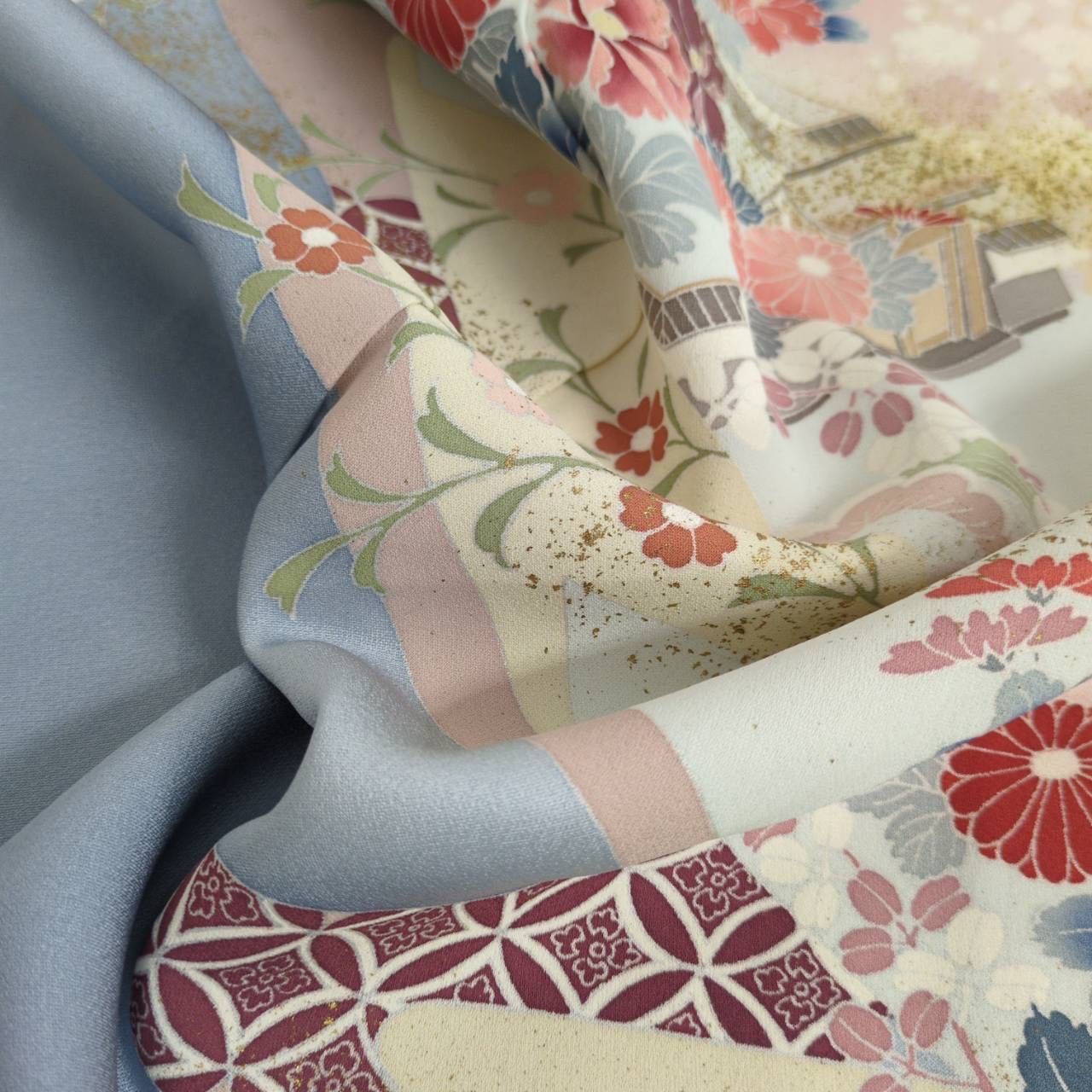 付下げ 金彩 友禅 裄65 紋無し上品な染め 訪問着 正絹 着物 MK-2349