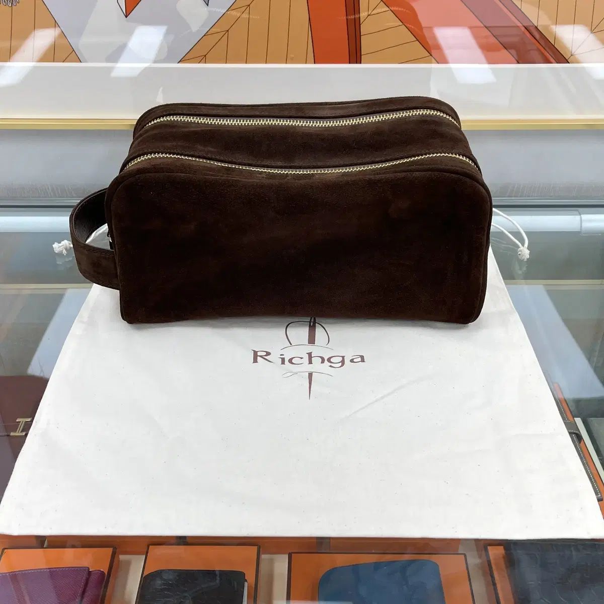 Richga ツーウェイ ジップ ゴルフポーチ バッグ スウェード ブラウン ゴールドジッパー