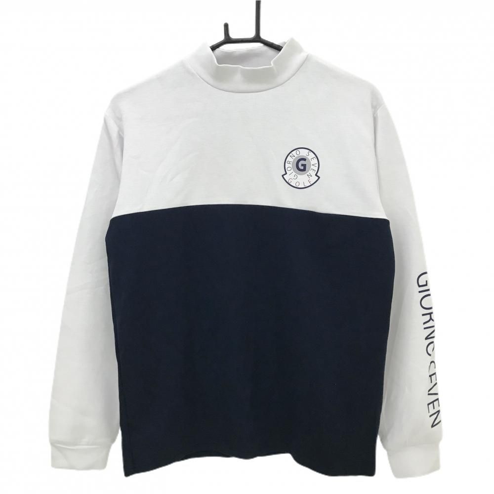 美品】ジョルノセブン 長袖ハイネックシャツ 白×ネイビー 袖ロゴ