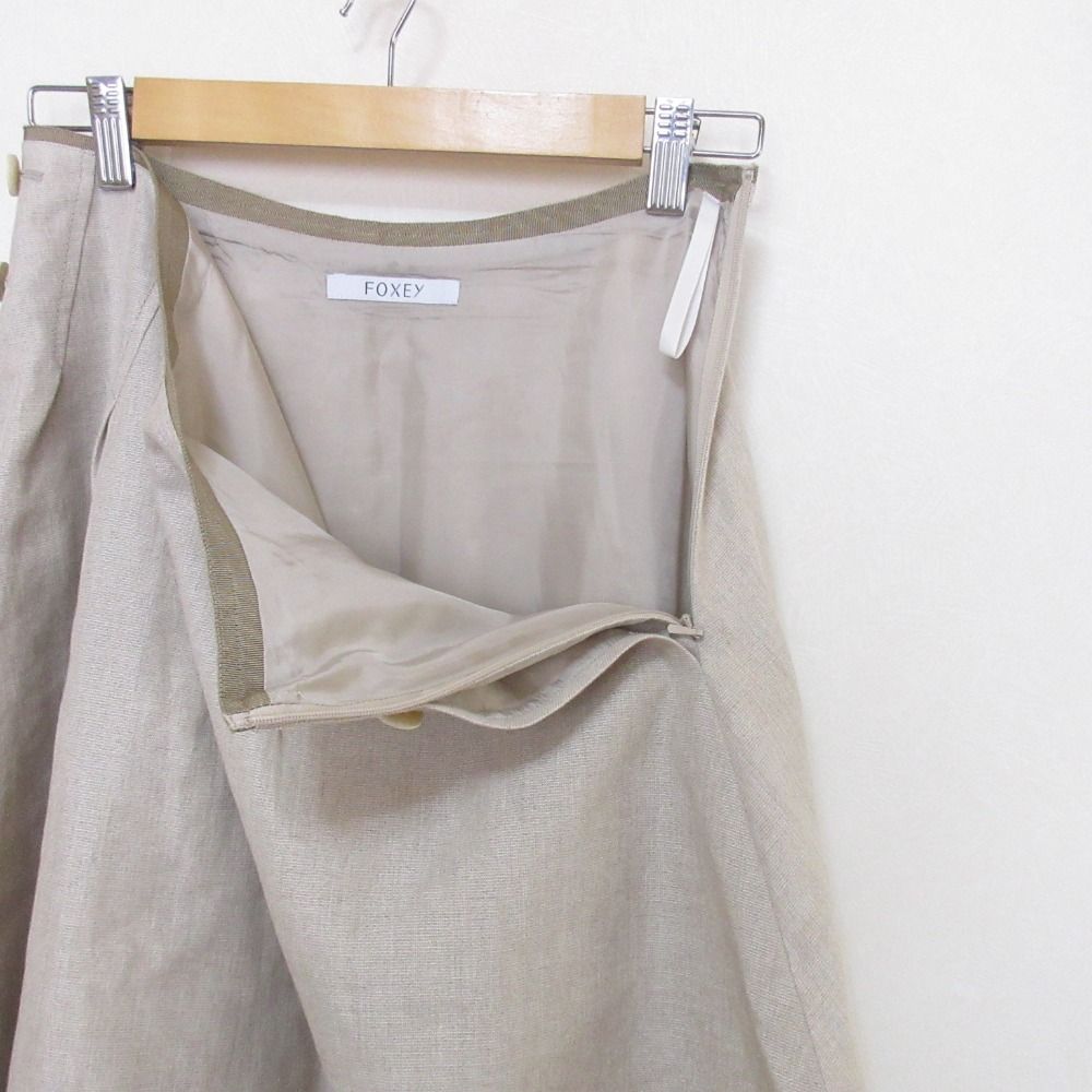 美品 FOXEY フォクシー リネンブレンド ひざ丈 フレア サイドボタン