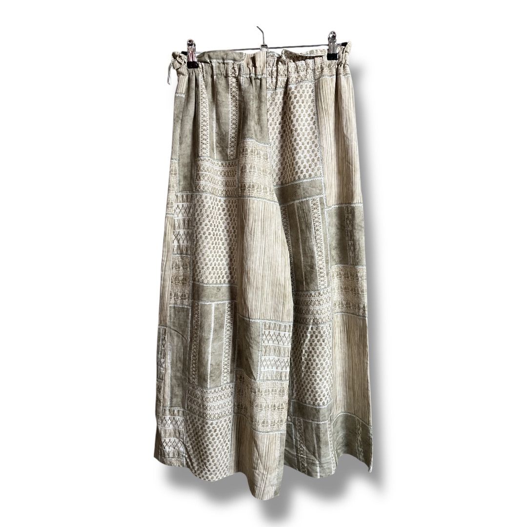 junashida ジュンアシダ パッチワーク プリントパンツ ワイドパンツ ウエストゴム フ パンツ 総柄 リネン混 レディース サイズM ベージュ 春 18 No.K 1080