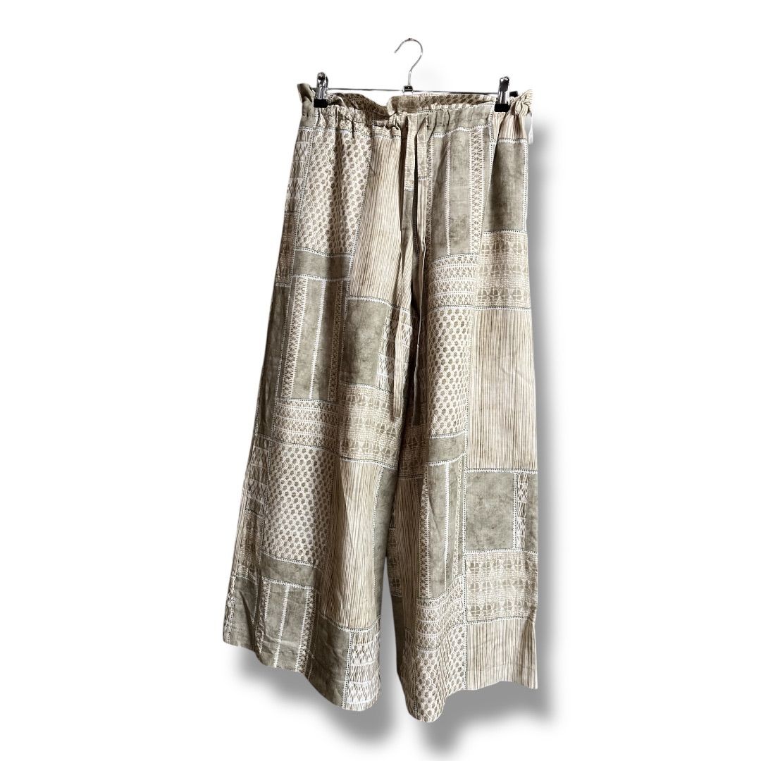 junashida ジュンアシダ パッチワーク プリントパンツ ワイドパンツ ウエストゴム フ パンツ 総柄 リネン混 レディース サイズM ベージュ 春 18 No K 1080