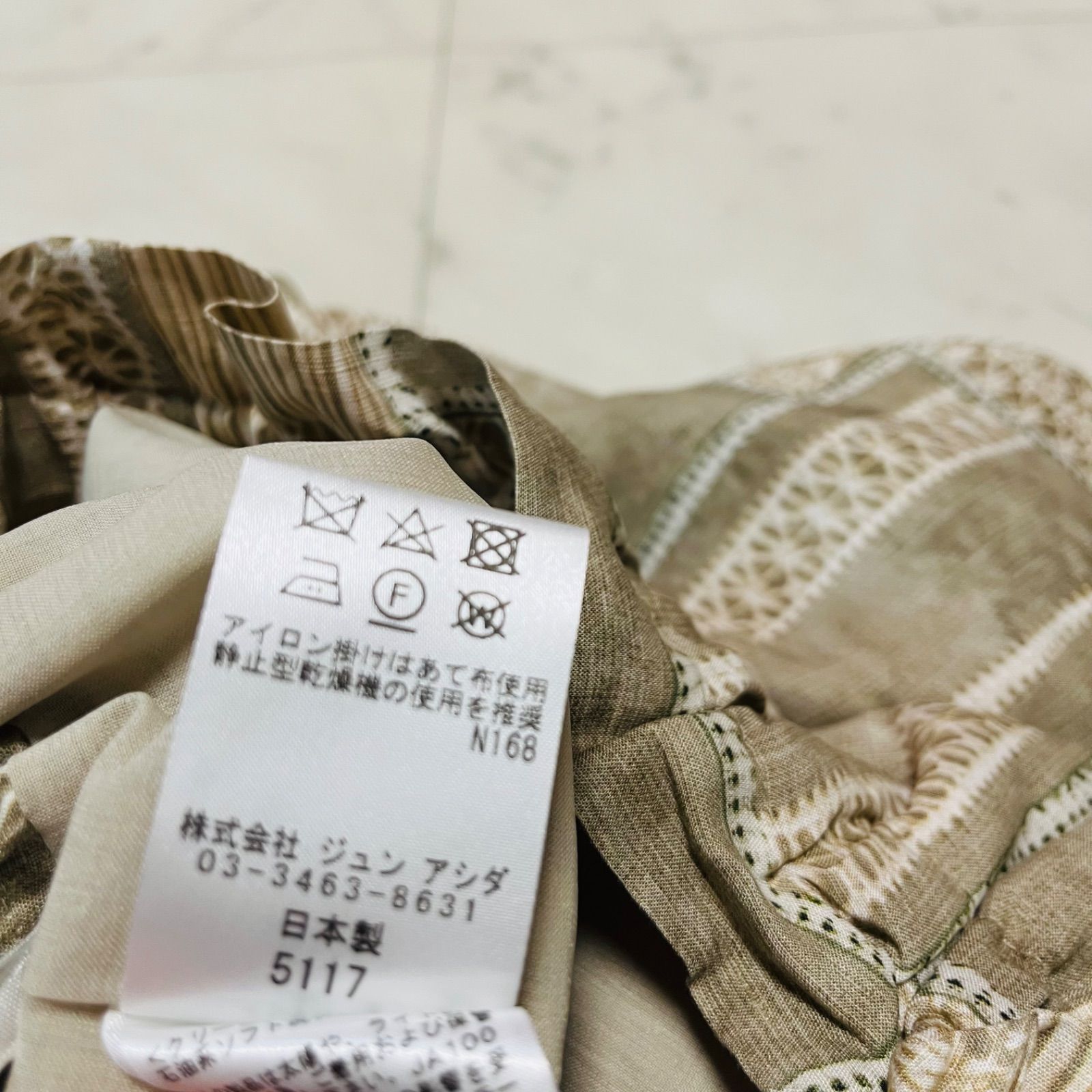  junashida ジュンアシダ パッチワーク プリントパンツ ワイドパンツ ウエストゴム フ パンツ 総柄 リネン混 レディース サイズM ベージュ 春 18 No.K 1080 ワイドパンツ イージーパンツ パンツ