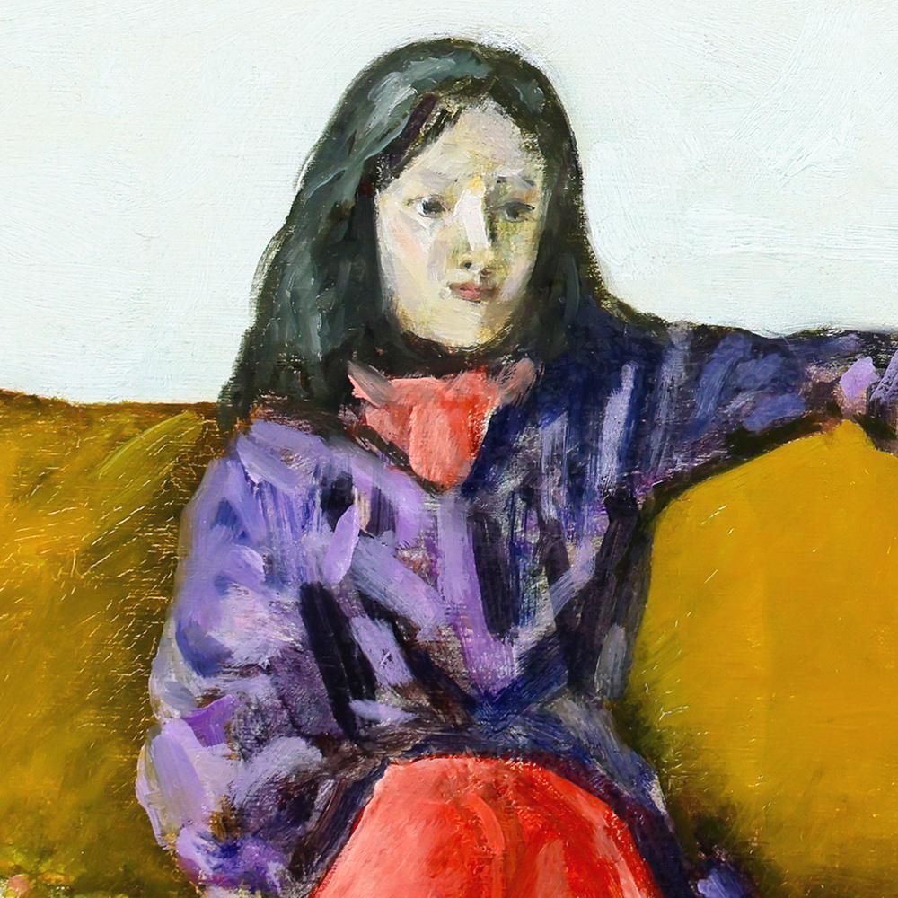 真作】【WISH】大津英敏「室内婦人像」油彩 6号 ◇黄のソファに座る