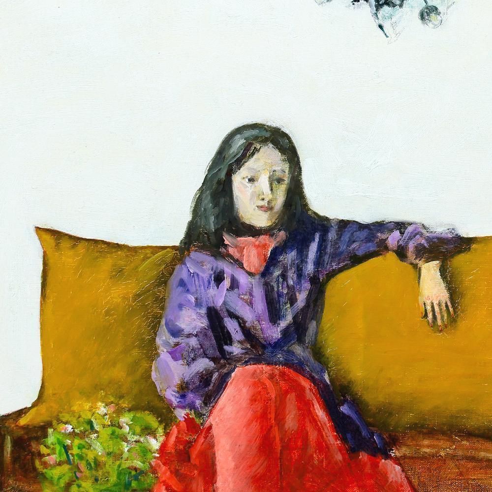 真作】【WISH】大津英敏「室内婦人像」油彩 6号 ◇黄のソファに座る