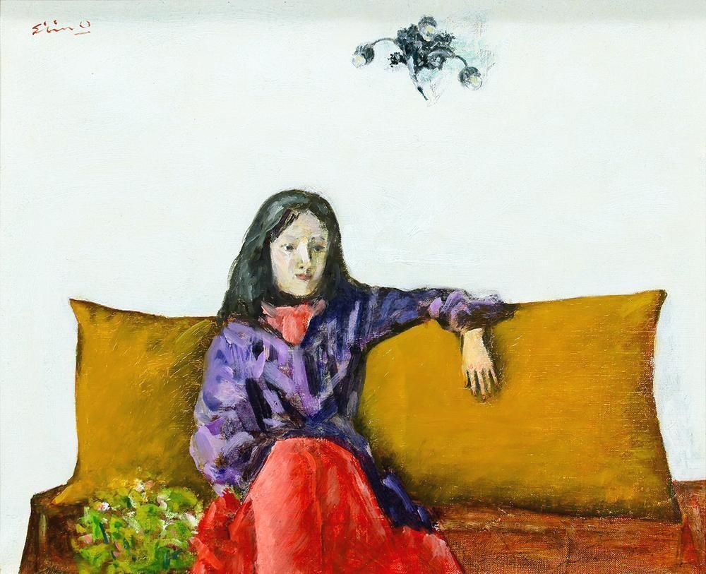 真作】【WISH】大津英敏「室内婦人像」油彩 6号 ◇黄のソファに座る