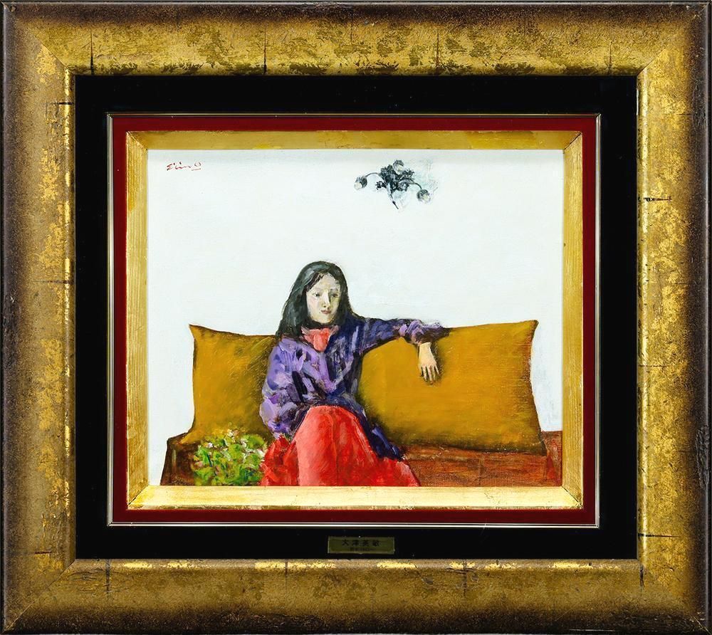 真作】【WISH】大津英敏「室内婦人像」油彩 6号 ◇黄のソファに座る