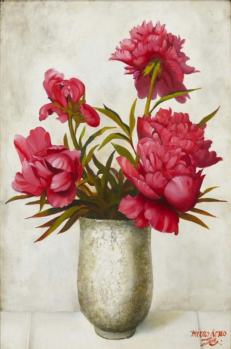 真作】【WISH】高野三三男「芍薬」油彩 12号 大作 ◇花瓶を彩る優雅な