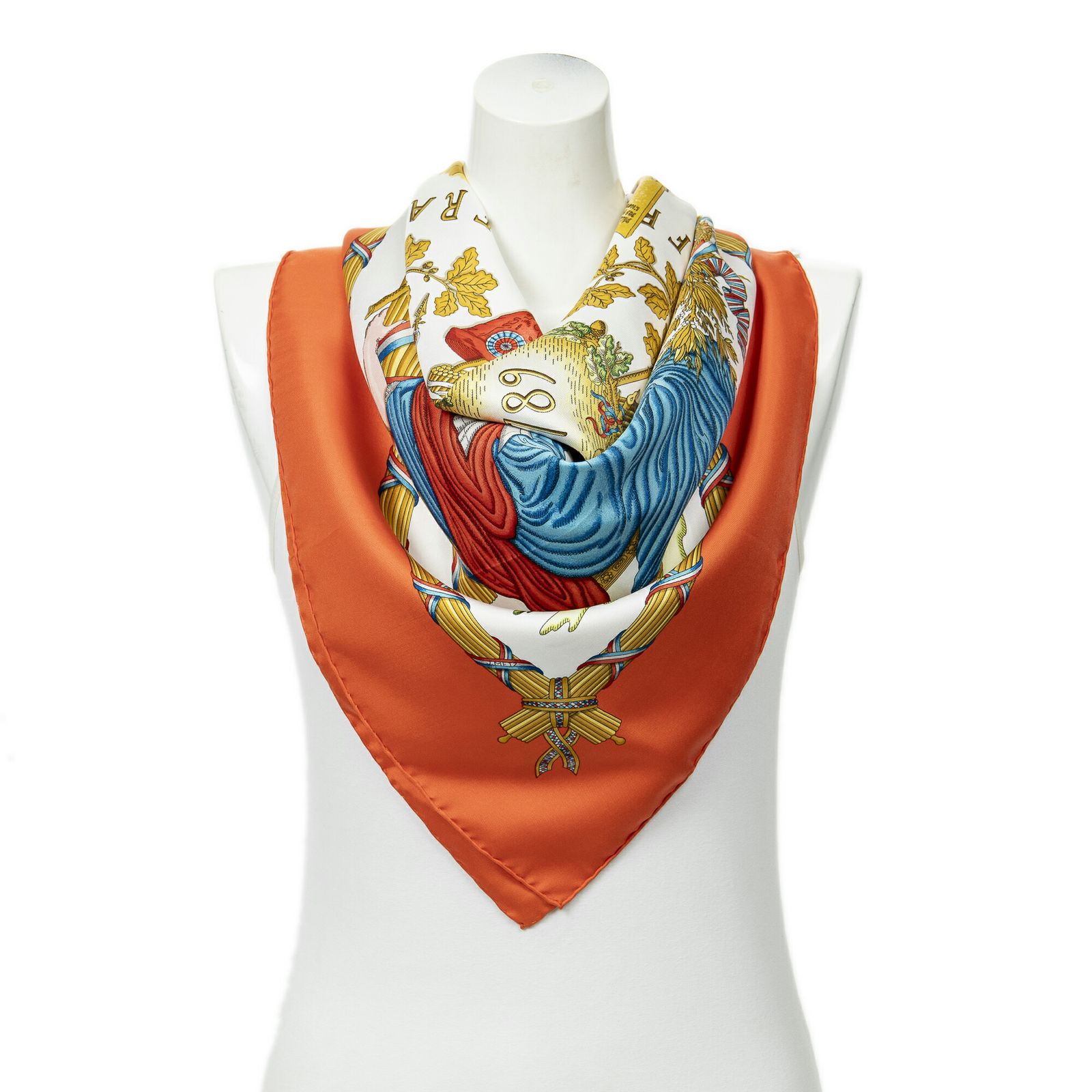 HERMES エルメススカーフオレンジ 金 白 ツイルシルクA