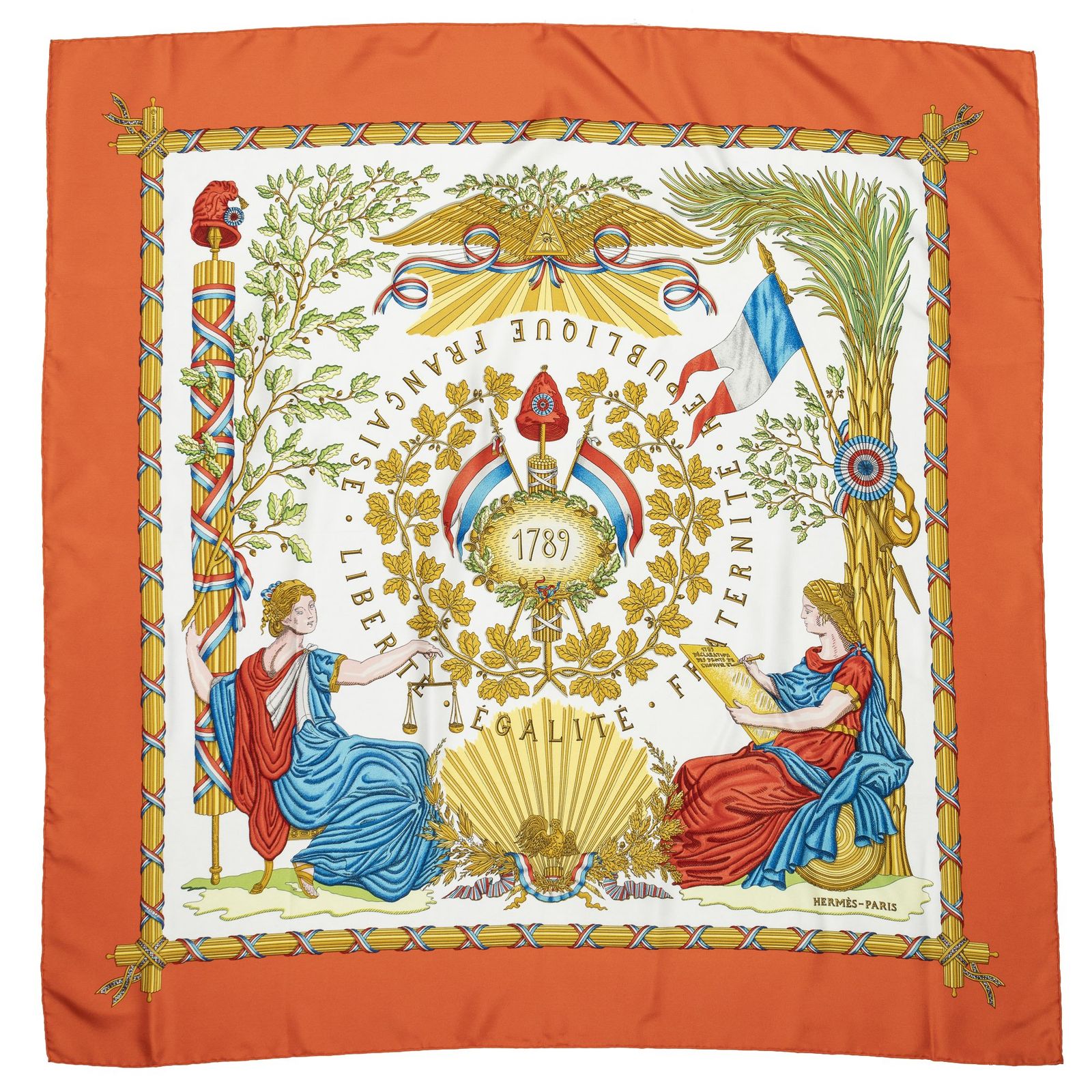 HERMES エルメススカーフオレンジ 金 白 ツイルシルクA