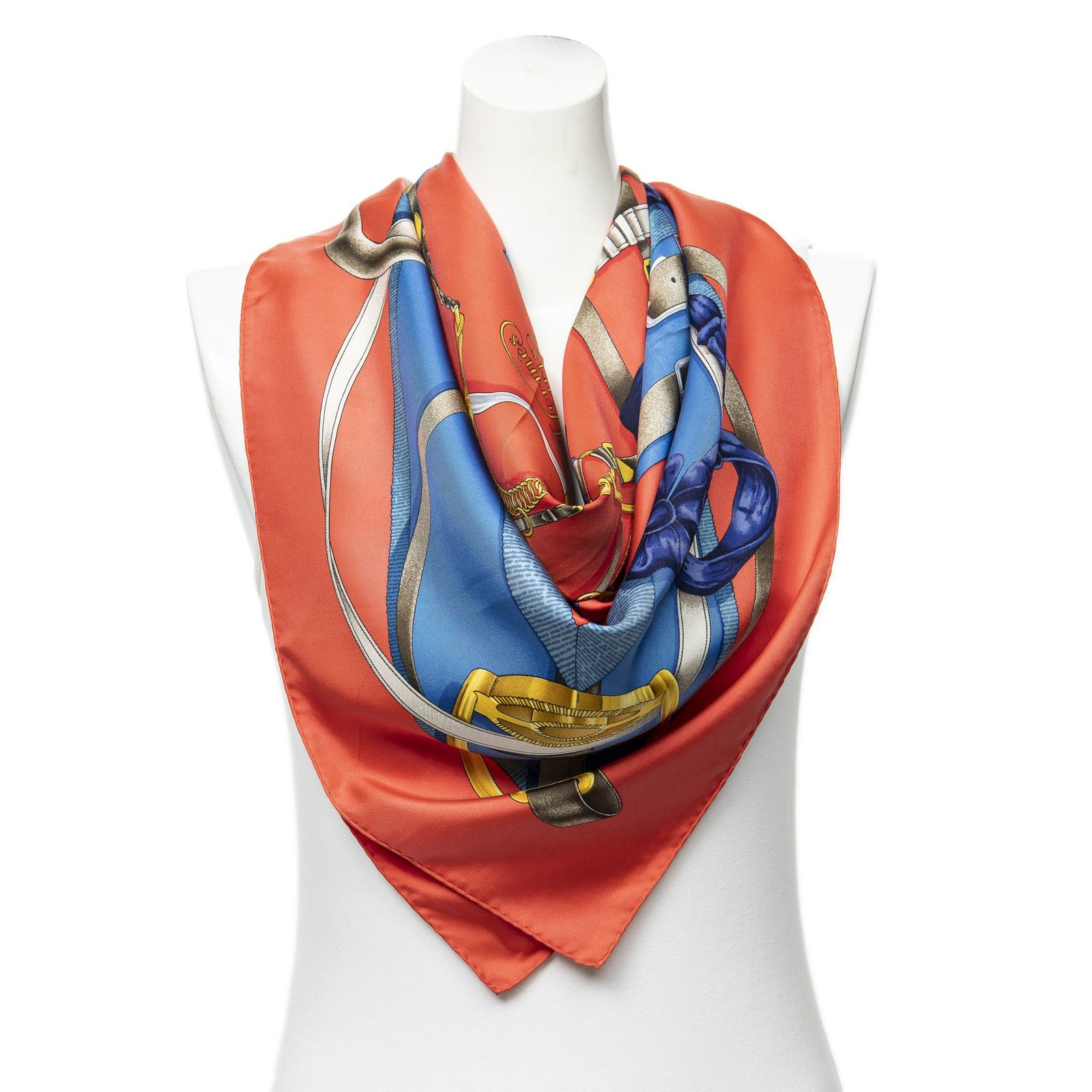 HERMES エルメススカーフ赤 青 金 ツイルシルクA