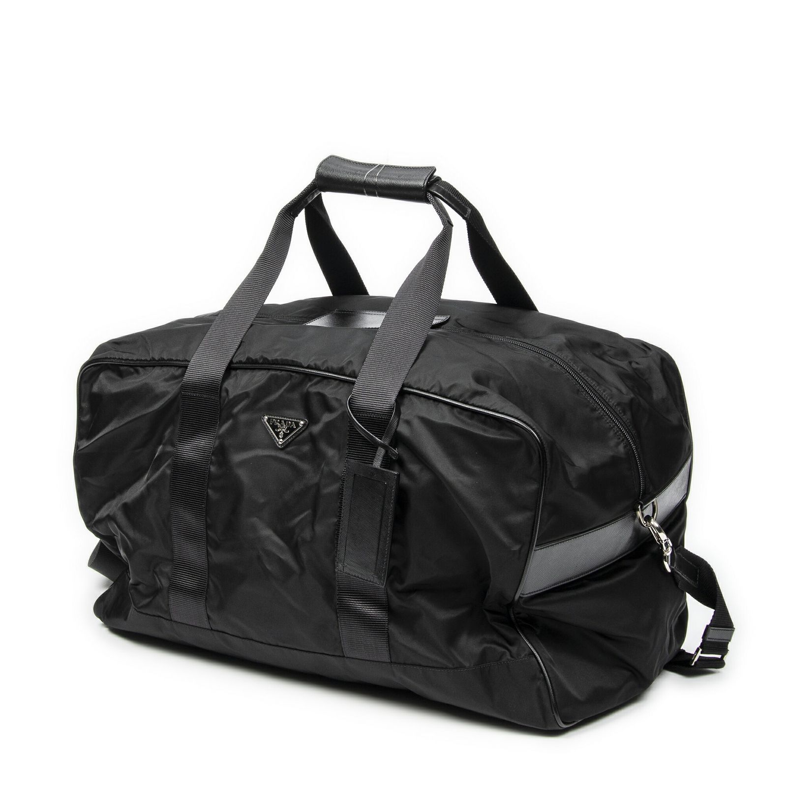 PRADA プラダラージウェブ折りたたみボストン黒ナイロンキャンバスA