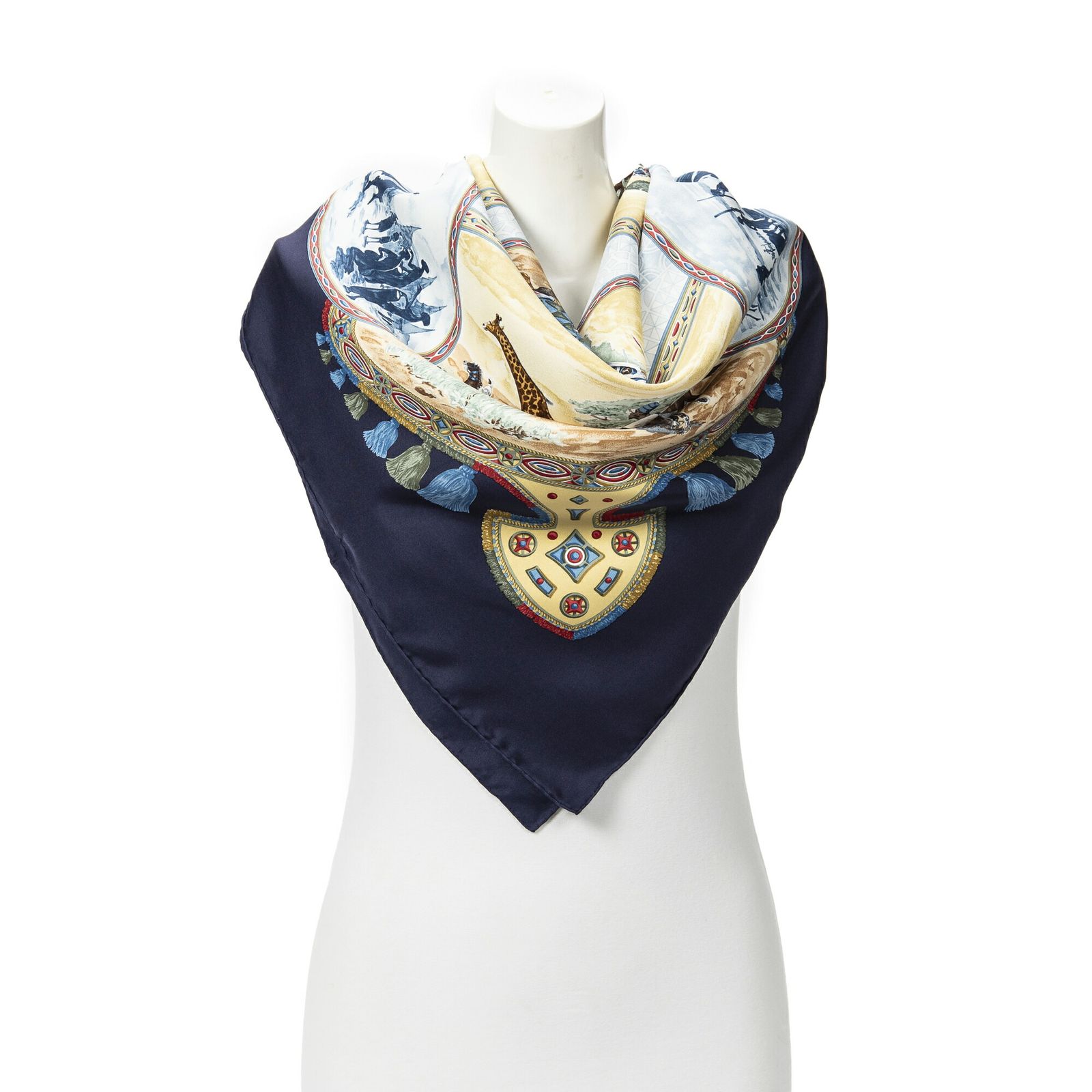 HERMES エルメススカーフネイビー 黄色 青 ツイルシルクA