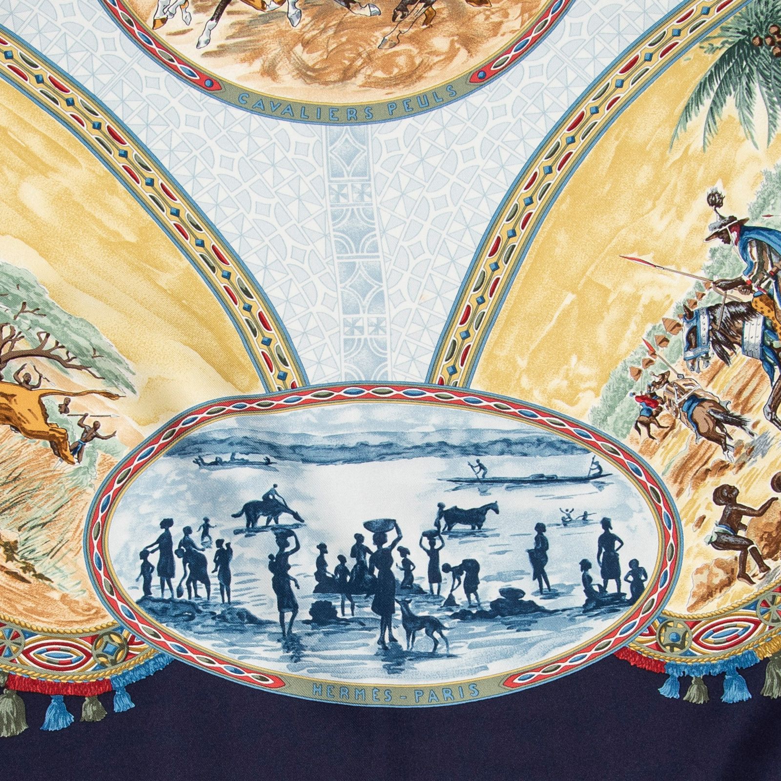  HERMES エルメススカーフネイビー 黄色 青 ツイルシルクA その他 小物