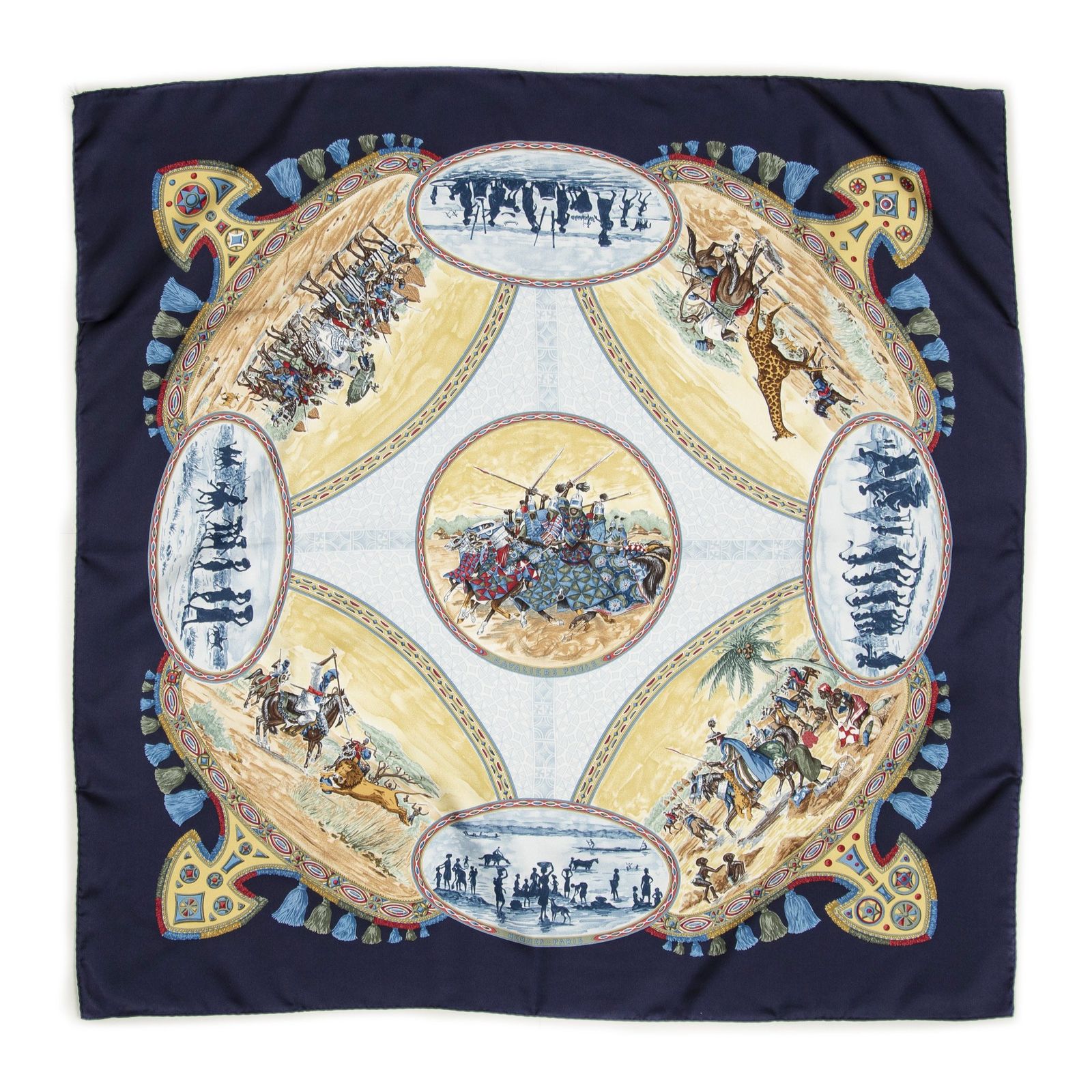 HERMES エルメススカーフネイビー 黄色 青 ツイルシルクA