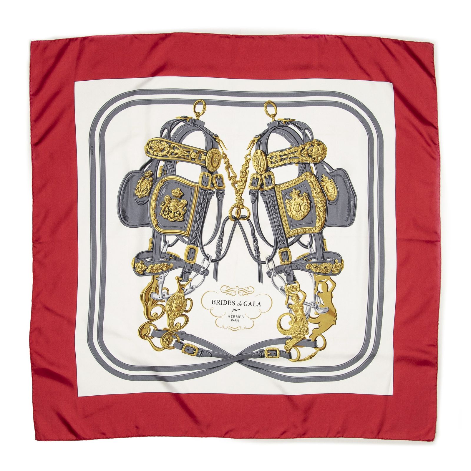 HERMES エルメススカーフ赤 アイボリー グレー ツイルシルクA