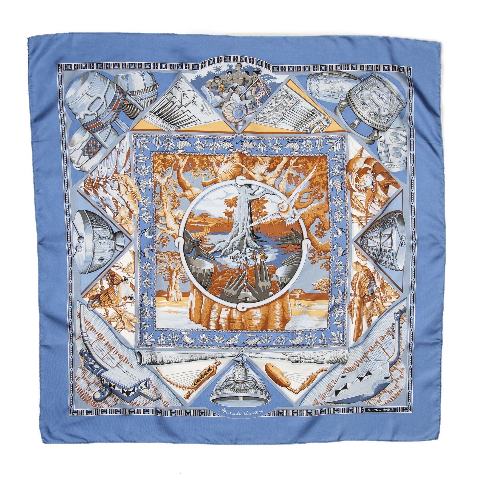 HERMES エルメススカーフ青 茶色 ツイルシルクA