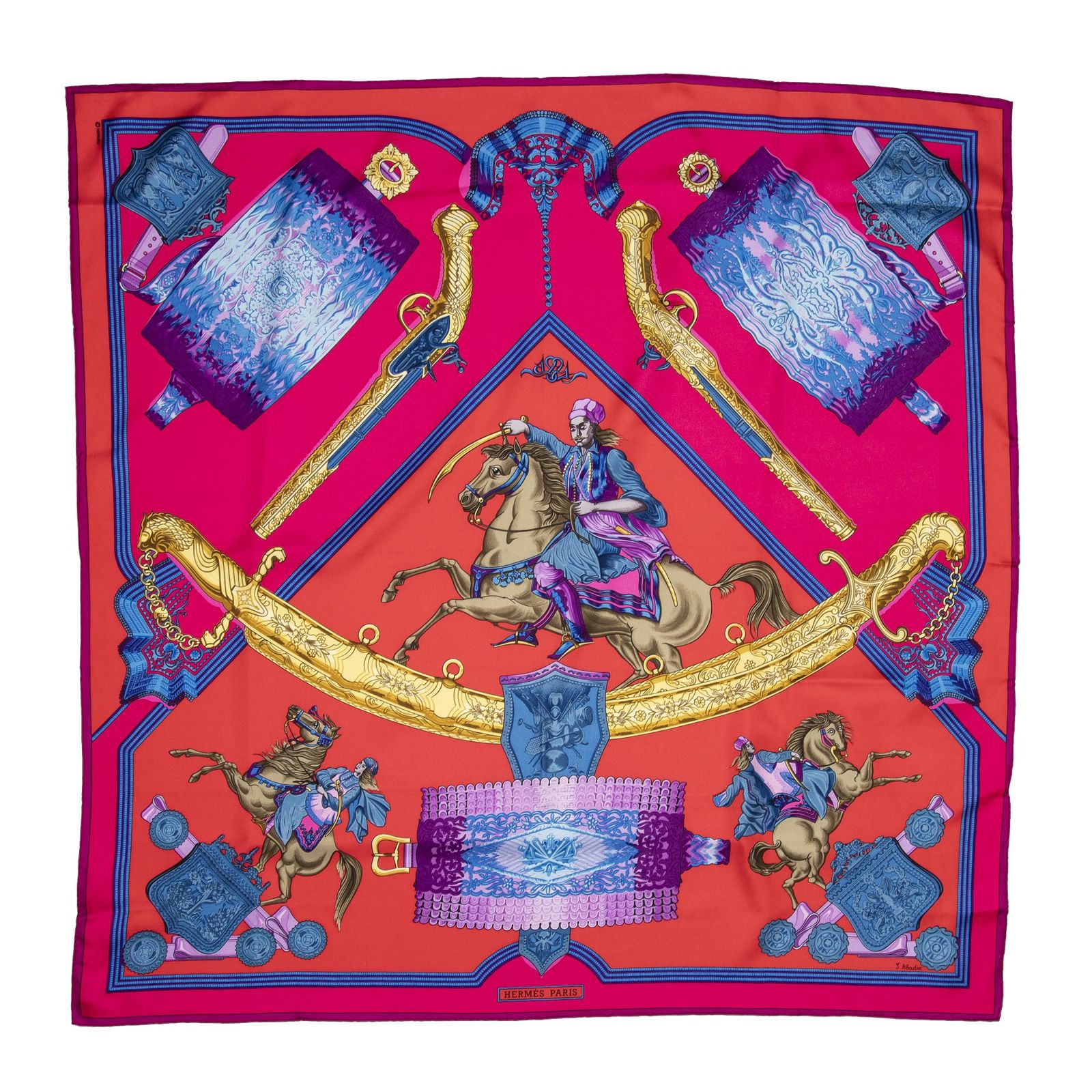 HERMES エルメススカーフ赤 紫 青 ツイルシルクA