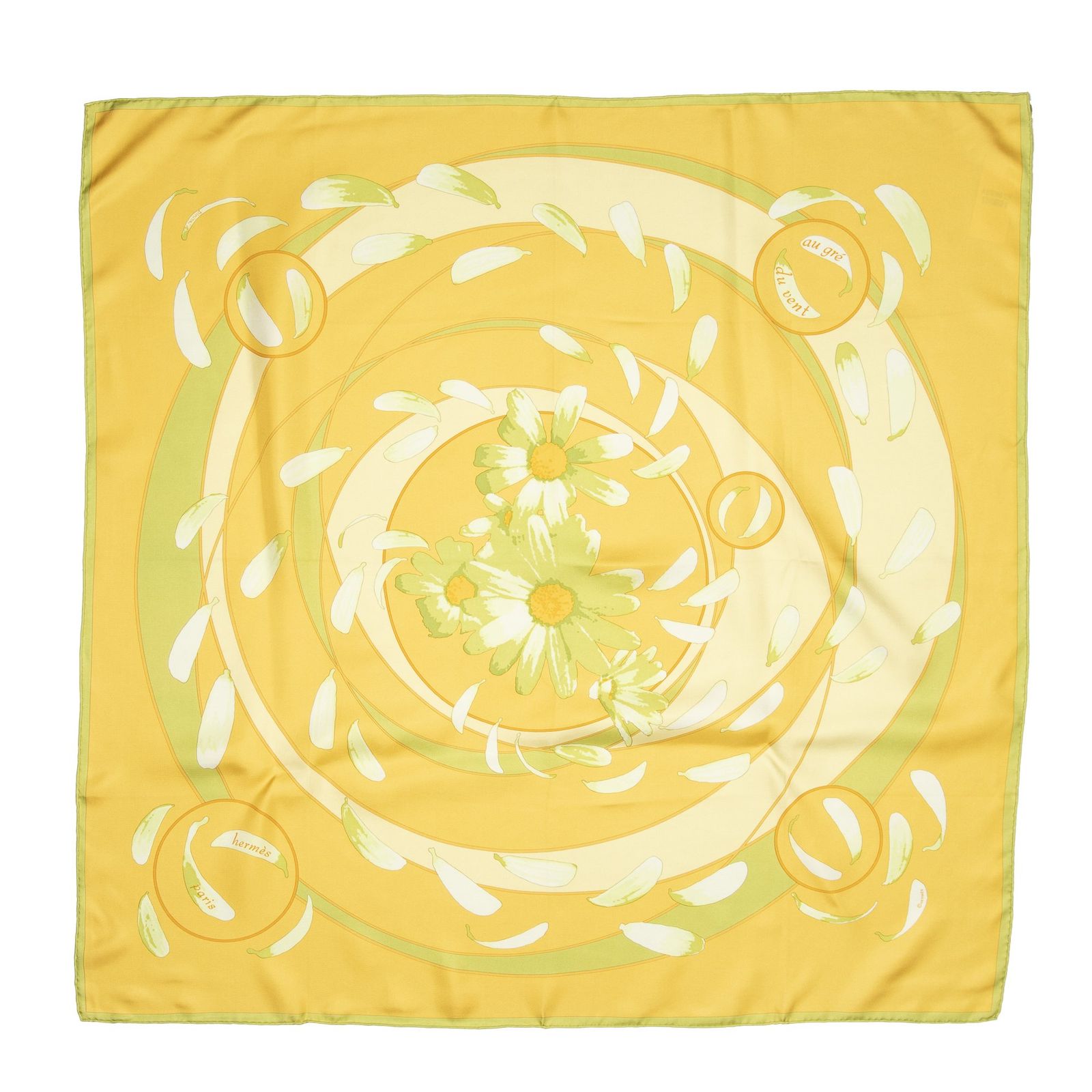 HERMES エルメススカーフオレンジ 緑 ツイルシルクA