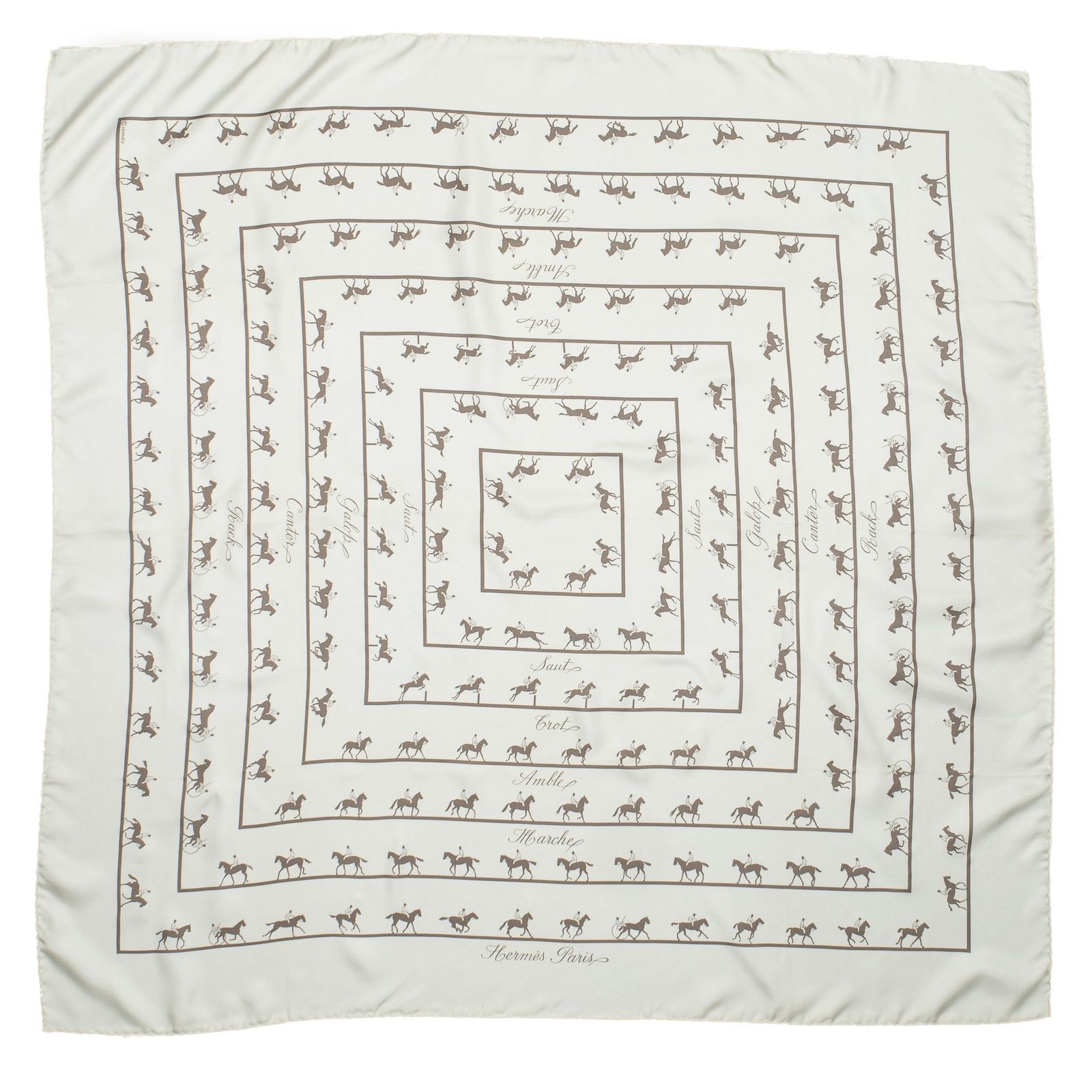 HERMES エルメススカーフアイボリー ブラウン ツイルシルクA