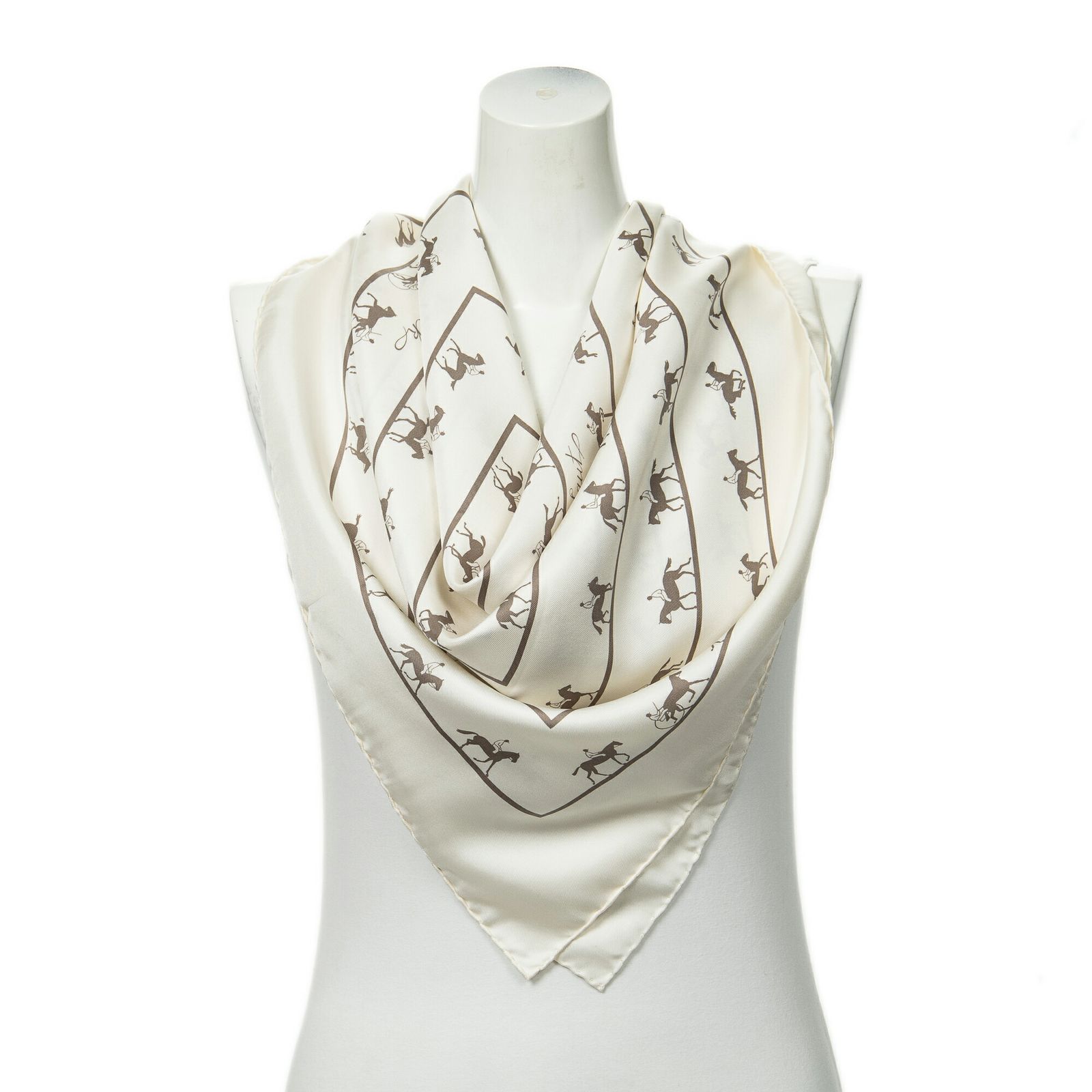 HERMES エルメススカーフアイボリー ブラウン ツイルシルクA