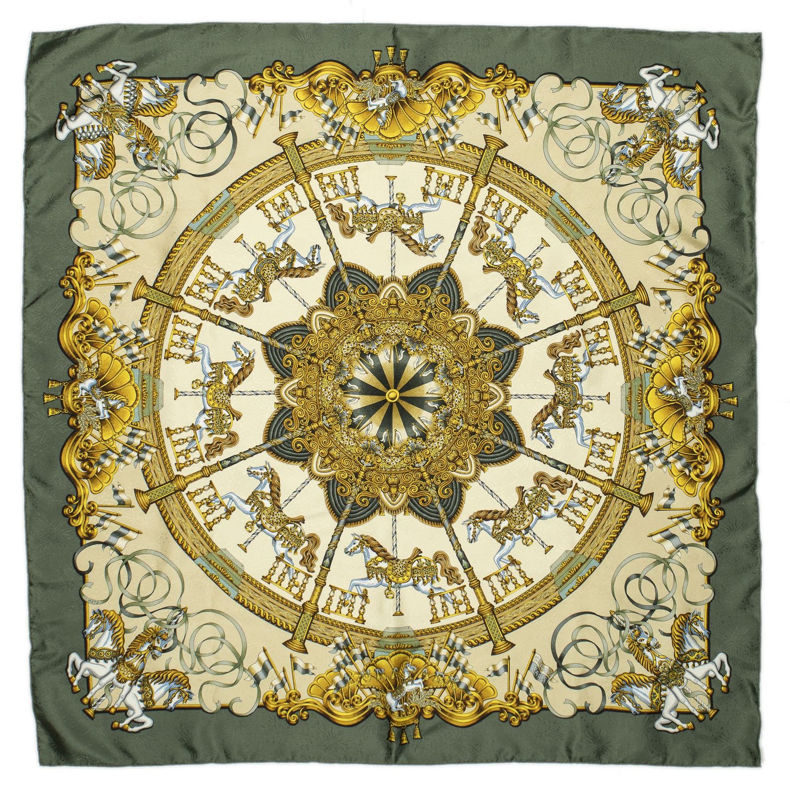 HERMES エルメススカーフ緑 ベージュ 金 ジャカードシルクA