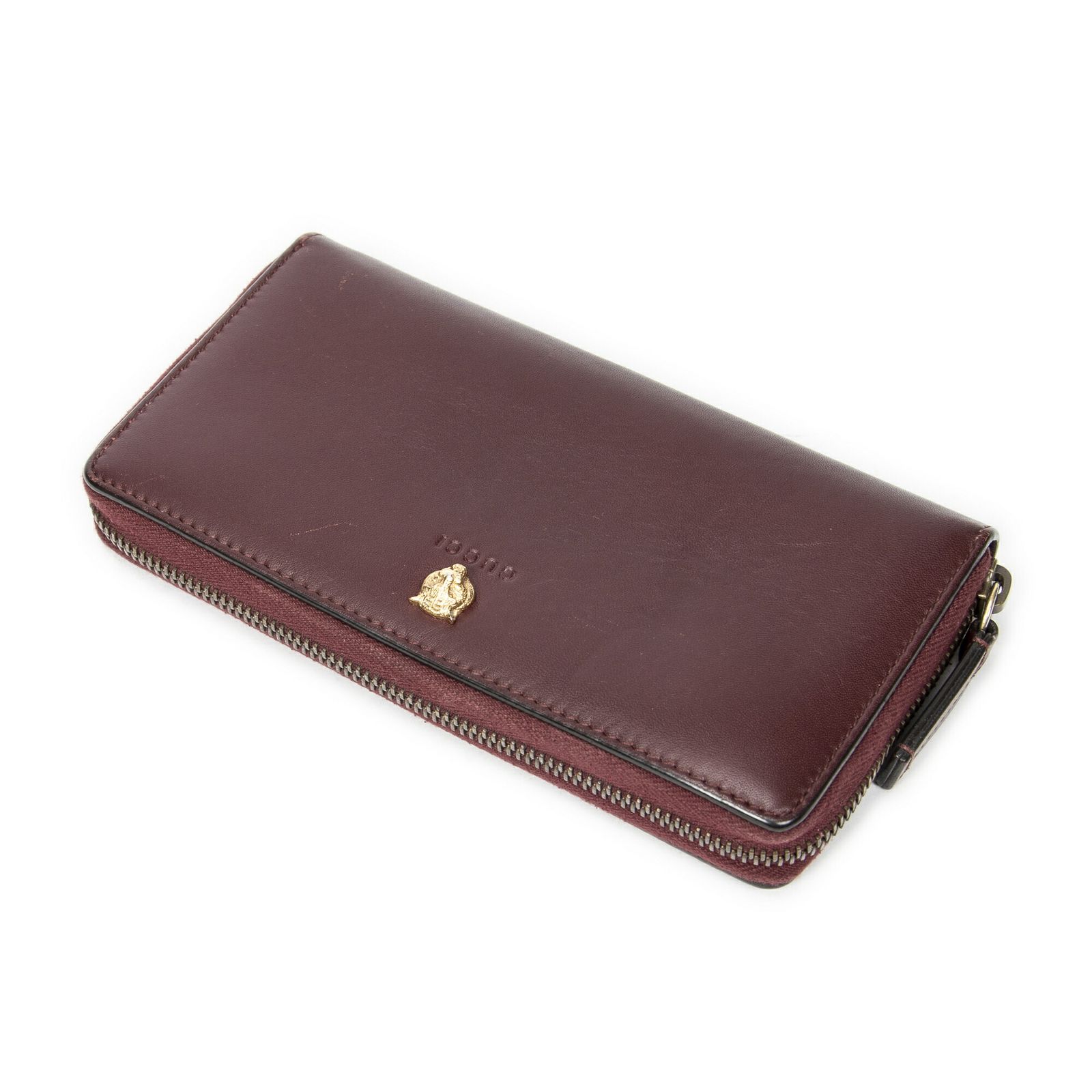 GUCCI グッチアニマリエ タイガー ジップアラウンド ウォレットバーガンディスムースカーフスキンレザーA