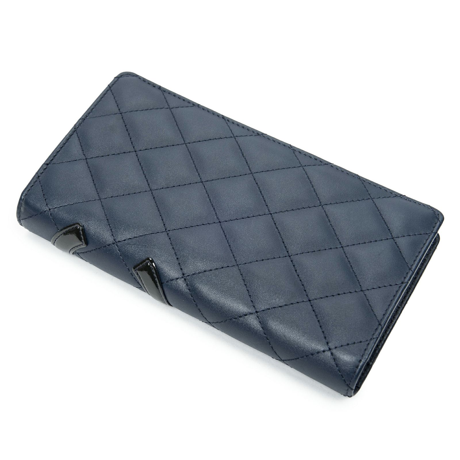 CHANEL シャネルカンボンライン ロング二つ折り財布ネイビーマトラッセラムスキンレザーA