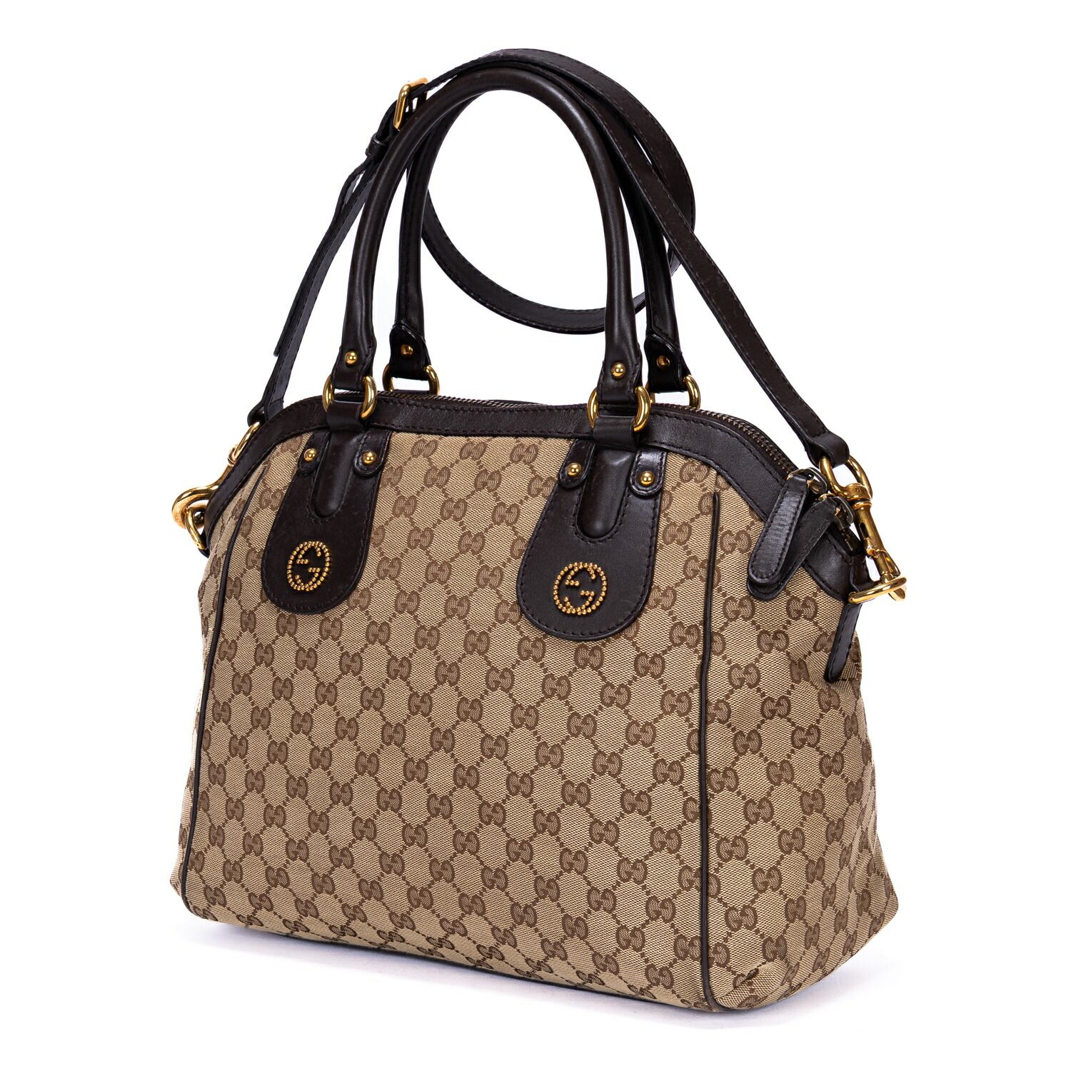 GUCCI グッチスカーレット トップハンドルベージュ ダークブラウンモノグラムキャンバスA