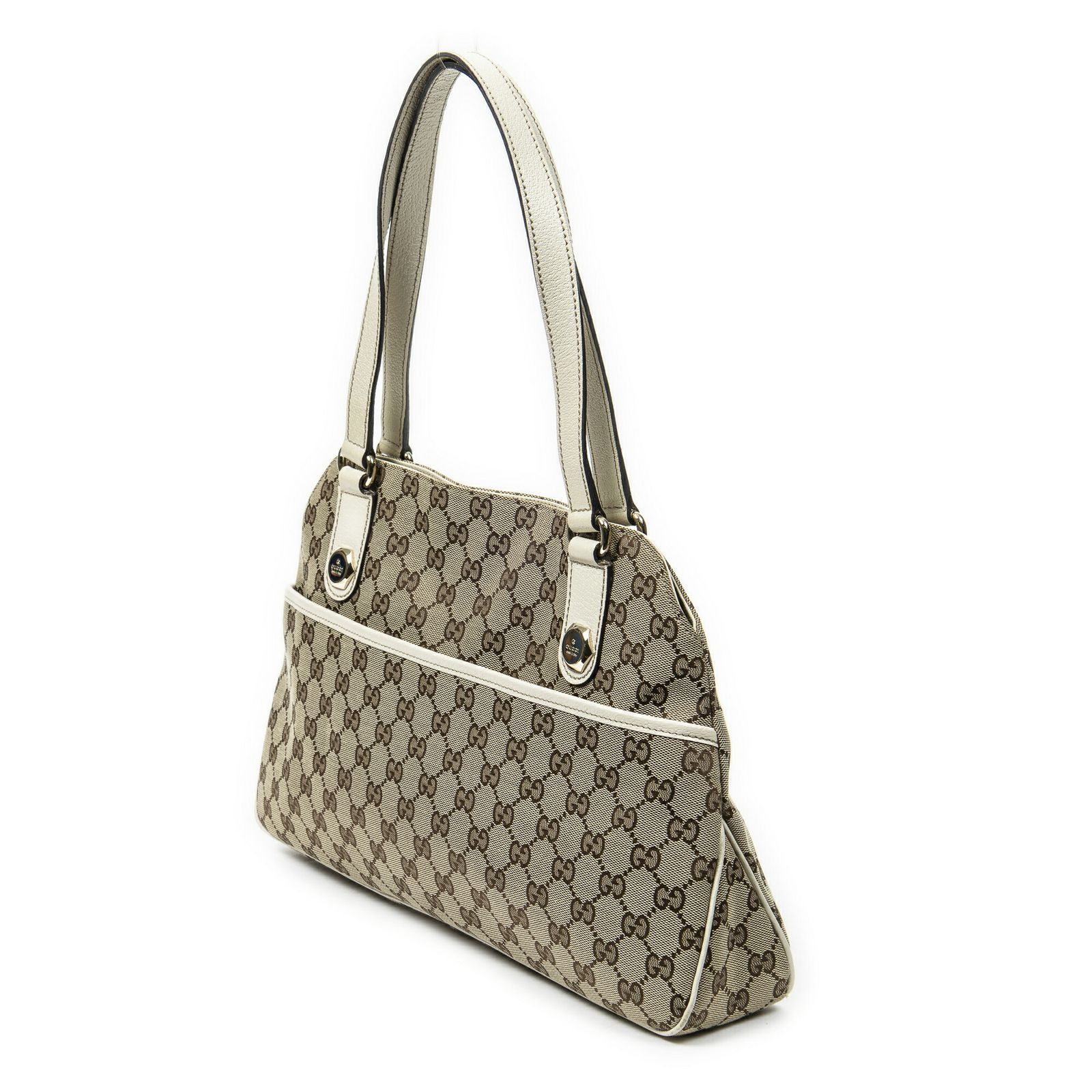 GUCCI グッチミディアム チャーミー ヘキサゴン スタッドベージュ アイボリーGGキャンバスA