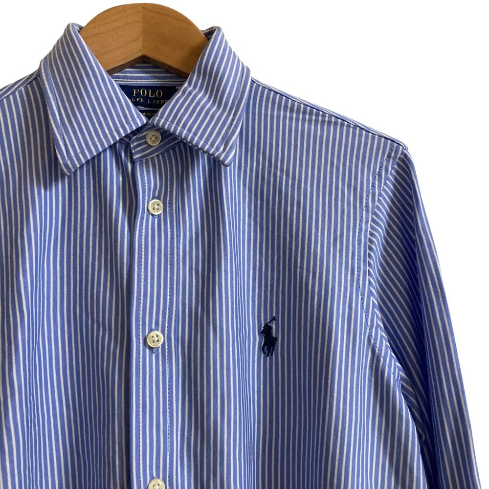 美品 ラルフローレンスポーツ コットンストライプシャツ 長袖 ポニー刺繍 ブルー RALPH LAUREN ラルフローレン 袖ポニー刺繍 ストライプシャツ 襟芯付き