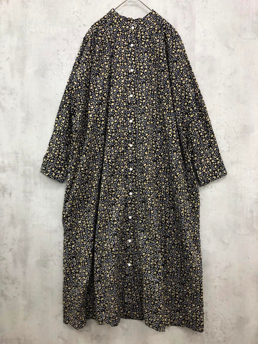 PONT DE CHALONS ポンデシャロン スタンド コットン ロング 柄 シャツ ワンピース sizeF 黒 レディース