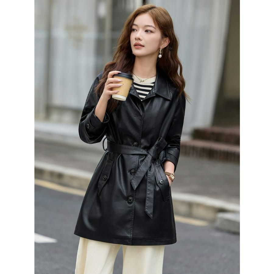 レザージャケット レディース アウター 春 秋 冬 ライダース ジャケット ロング ロングジャケット フェイクレザーコート 黒