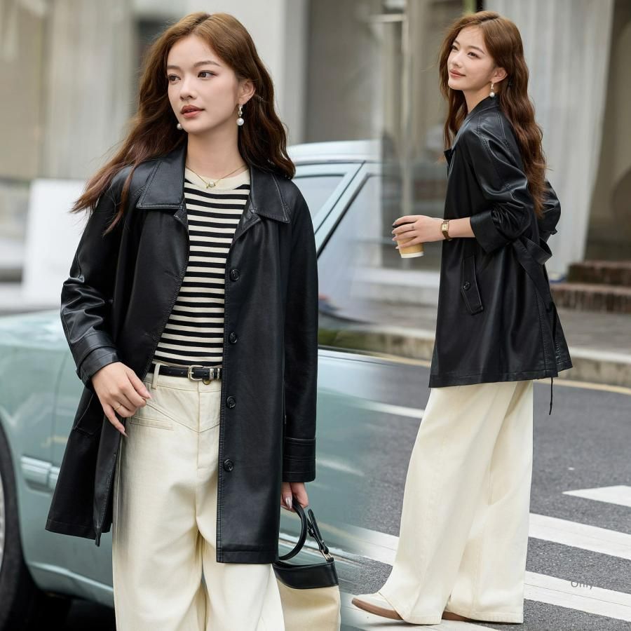 レザージャケット レディース アウター 春 秋 冬 ライダース ジャケット ロング ロングジャケット フェイクレザーコート 黒