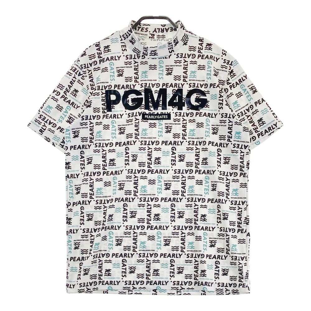サイズ 5 PEARLY GATES パーリーゲイツ モデル ハイネック 半袖Tシャツ ロゴ総柄 ホワイト系 ゴルフウェア メンズ ストスト