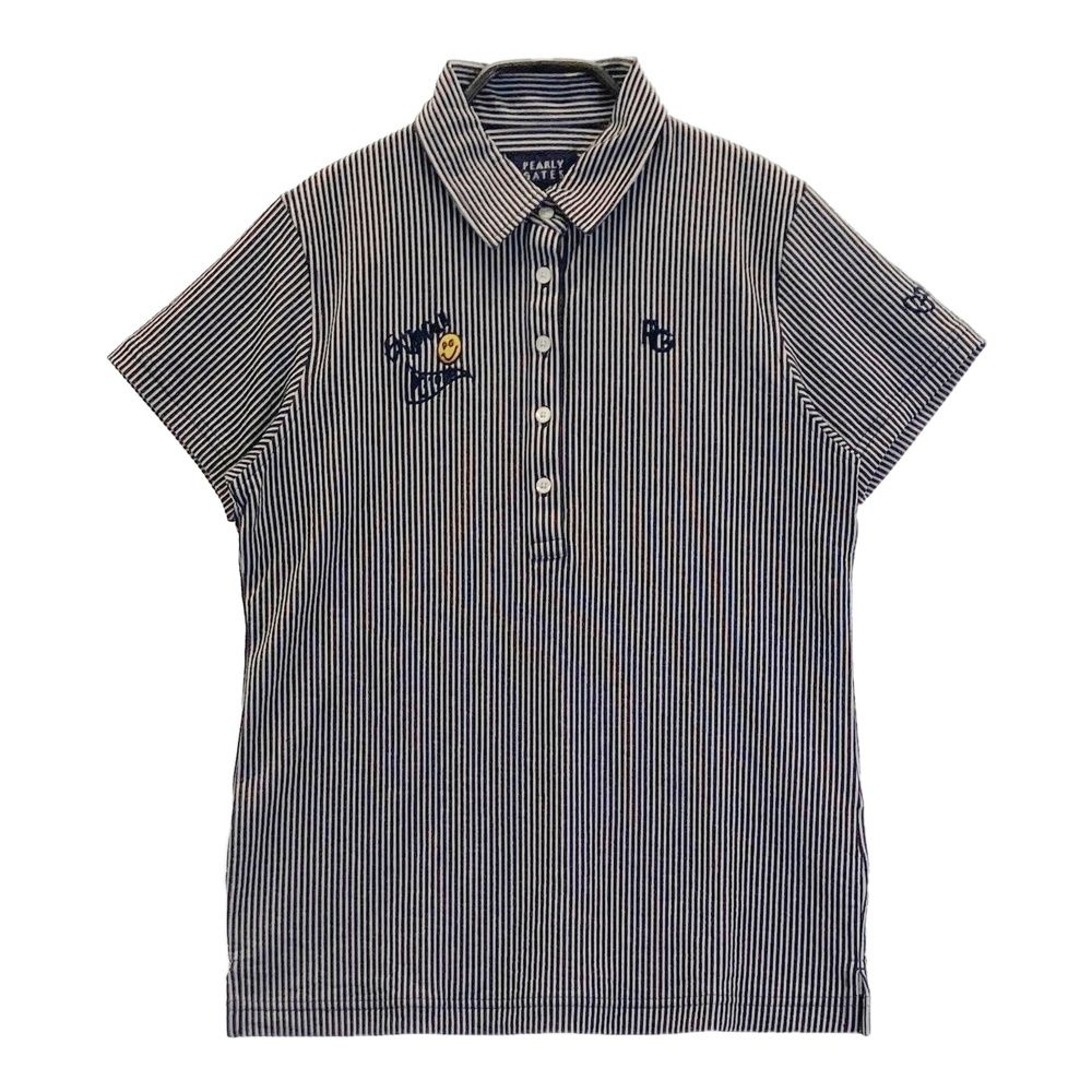 サイズ 0 PEARLY GATES パーリーゲイツ 半袖ポロシャツ シアサッカー ストライプ ネイビー系 ゴルフウェア レディース ストスト