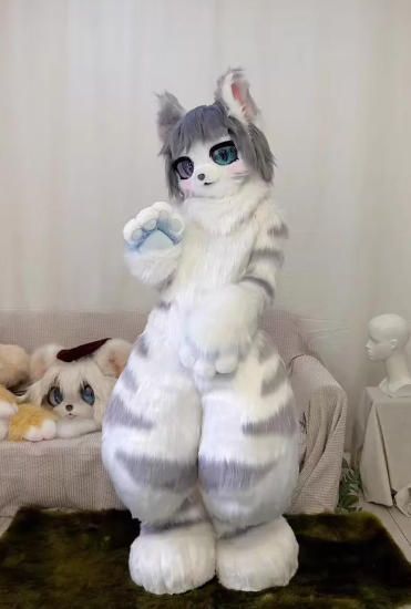 ☆着ぐるみ ケモノ体 フルスーツ セット NO.77 猫 グレー 全頭ヘッド