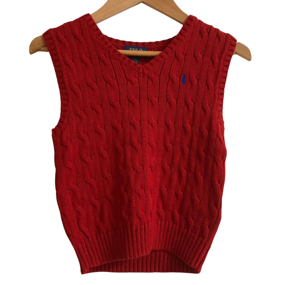 美品 POLO RALPH LAUREN ポロラルフローレン ケーブルニットベスト 110サイズ レッド キッズ 古着 中古 USED