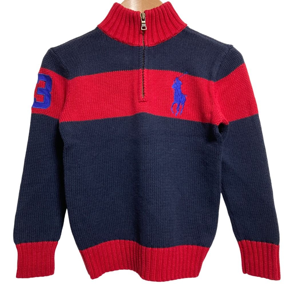 最安値，大人気 美品 POLO RALPH LAUREN ポロラルフローレン ビッグポニー 配色 ハーフジップ ニット プルオーバー キッズサイズ 6 ネイビー レッド キッズ 古着 中古 USED セーター