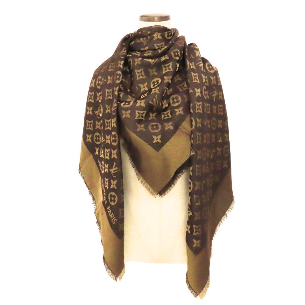 ルイヴィトン LOUIS VUITTON M 75122 ショール･モノグラム シャイン ストール フリンジ ブラウン ゴールド レディース 上品 華やか エレガント 無料ギフトラッピング承ります
