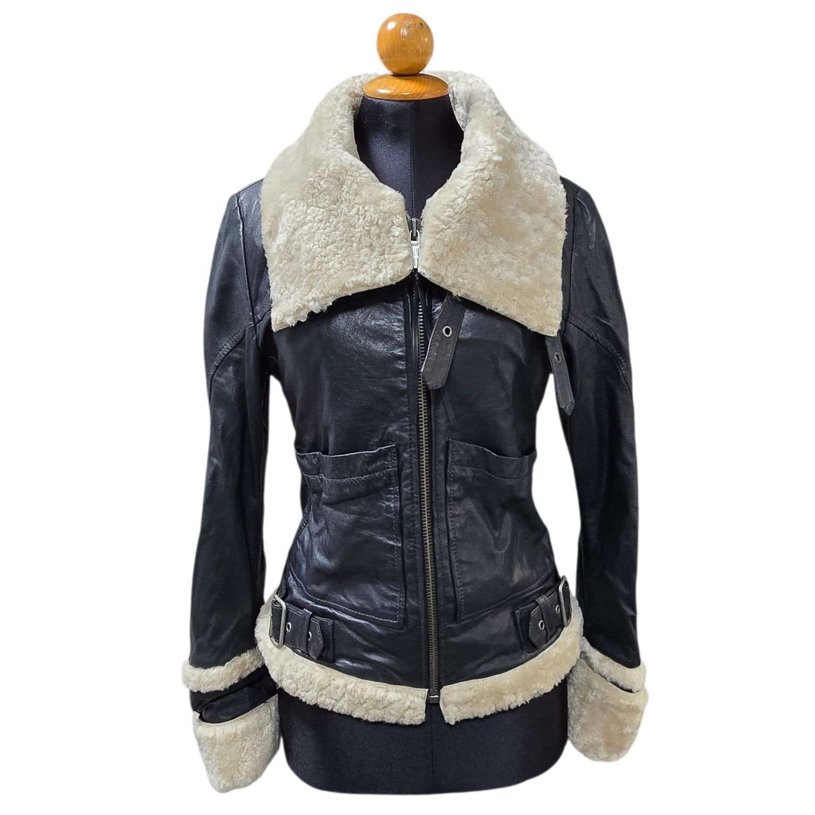 DIESEL ディーゼル ボア付きレザージャケット ラムレザー 羊革 サイズXS ブラック レディース アウター 品