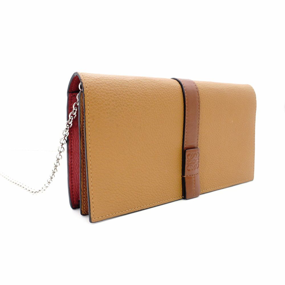 ロエベ LOEWE アナグラム レザー チェーン ウォレット ブラウン 2 way 長財布 ショルダーバッグ 7-11-155