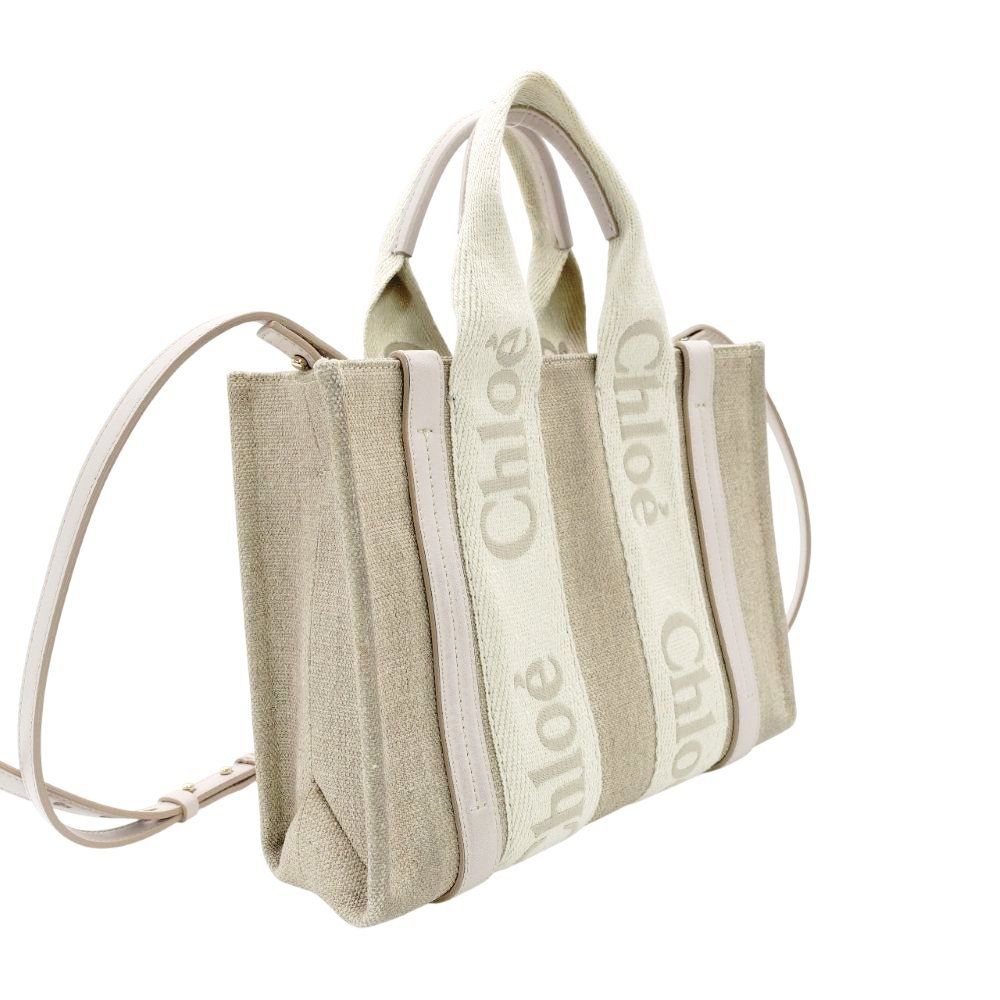 クロエ CHLOE ウッディ スモール ハンドバッグ ベージュ×ライトピンク 2 way ショルダー キャンバス レザー 7-11-816